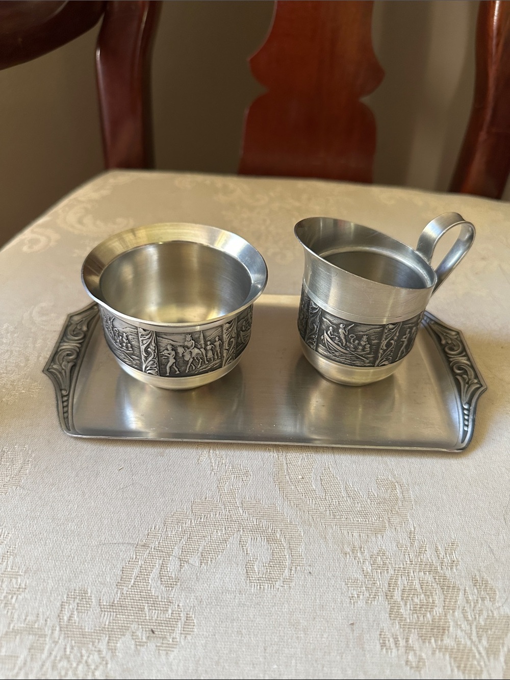 Norsk Tinn pewter sugar and creamer w/tray, Norwegian Viking pattern